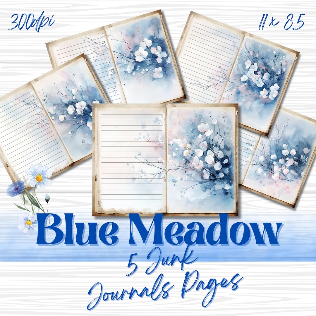 Blue Meadow Junk Journal Pages: Floral Watercolor Scrapbook (digital ...