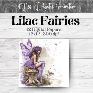 Könnte beinhalten: Ein digitales Papier mit einer lila Fee mit Flügeln, die auf einem Pilz sitzt. Die Fee trägt eine Blumenkrone und ein lila Kleid. Der Hintergrund ist ein Aquarell in Helllila und Braun.