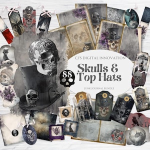 Bundle de journal indésirable têtes de mort et haut de forme, étiquettes, folio, éphémères, scrapbooking pour amateurs d'artisanat, journal imprimable, créations en papier, thème gothique,