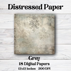May include: Distressed paper digital background in grey with a damask pattern. 18 digital papers, 12x12 inches, 300 DPI.