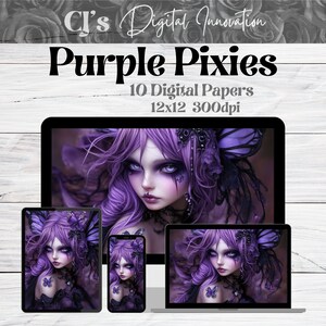 Puede incluir: Un conjunto de 10 papeles digitales con un hada morada con alas de mariposa. Los papeles son de 30,5 x 30,5 cm y 300 dpi. Purple Pixies - 10 Digital Papers 12x12 300dpi