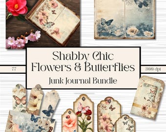 Shabby Chic Junk Journal Bündel: Blumen, Schmetterlinge, Ephemera (Printable Kit)