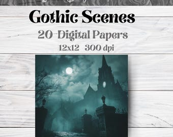 May include: A digital paper pack with 20 gothic scenes featuring a spooky church, a full moon, and a misty, dark forest. The papers are 12x12 inches and 300 dpi.