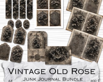 Vintage Old Rose Junk Journal Bundle, Dusty Floral Papers, Brown Vintage Pages, Lined and Plain Journal Sheets, Cards, Tags & Ephemera