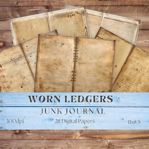 Páginas de diario desgastadas de Worn Ledgers, manualidades, scrapbooking, efímeras imprimibles, manualidades de papel, diario artístico, descarga digital