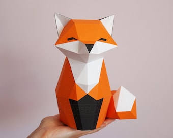 Papercraft Fox sitting, PDF Digital Template, 3D Fox Statue, Low Poly Papercraft 3D Origami, 3d Paper Sculpture, Kitsune Model, Baby Shower