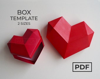 Patrón de caja de regalo en forma de corazón de Papercraft, Tamplate digital PDF, San Valentín DIY, modelo de caja de corazón de baja poli, origami 3D, caja de regalo Día de San Valentín