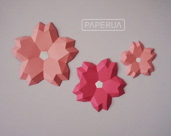 3D SAKURA wall decor template - papercraft flower, paper flower, flower, 3d flower, low poly flower, 3d paper flower, paper flower template