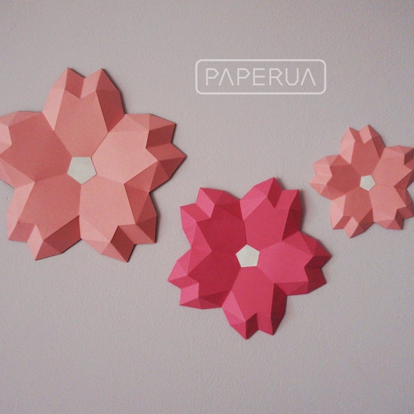 3D SAKURA wall decor template - papercraft flower, paper flower, flower, 3d flower, low poly flower, 3d paper flower, paper flower template