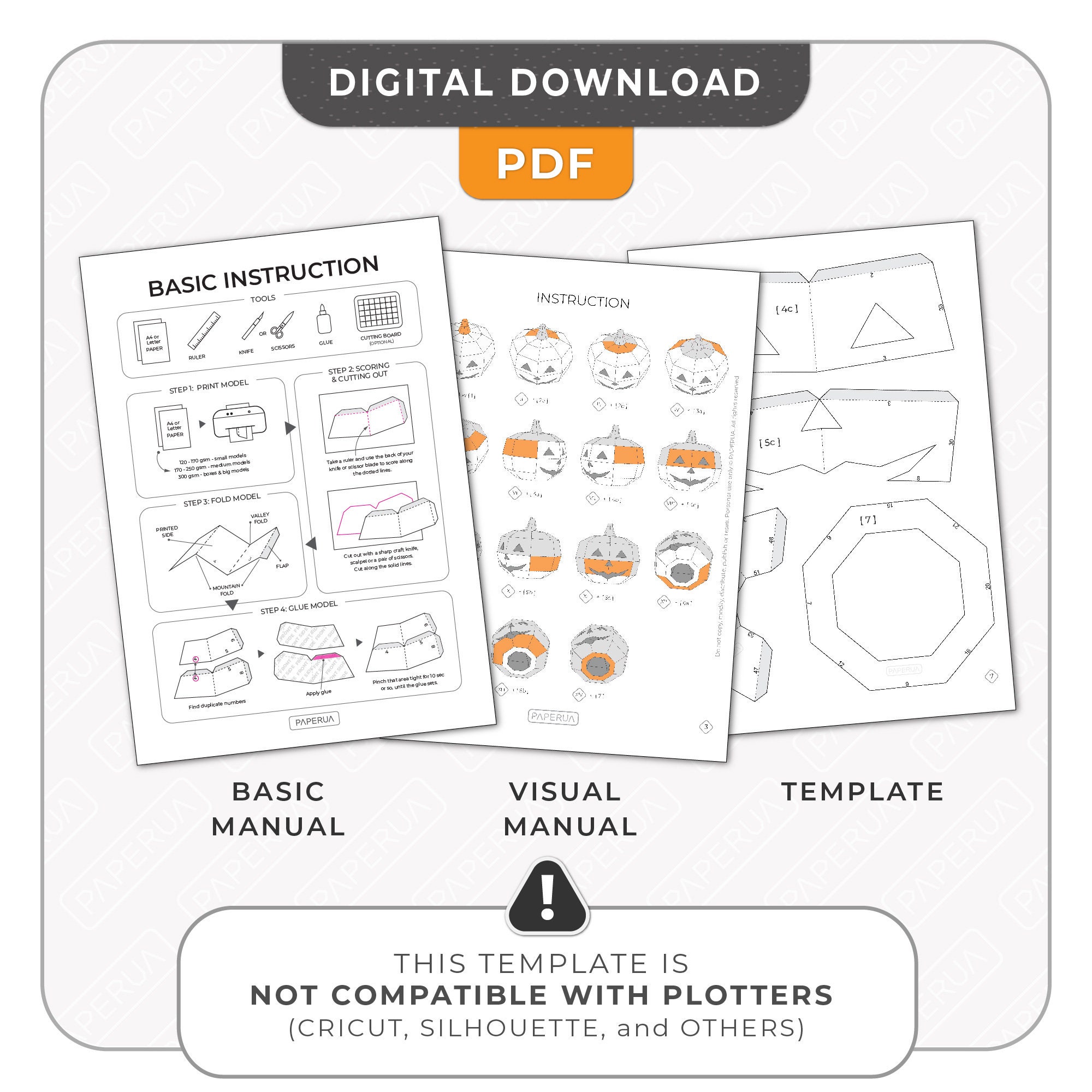 Easy Halloween Pumpkin 3D Papercraft Digital Template Paper Craft ...