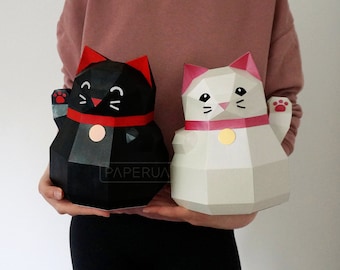 Papercraft Maneki Neko DIY 3D Low Poly Cat Paper Craft 3D Cute Kitty Papierskulptur Katze Model Lucky Cat Geschenk für Katzenliebhaber