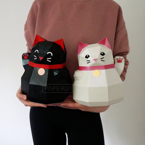 Papercraft Maneki Neko DIY 3D Low Poly Cat Paper Craft 3D Cute Kitty Paper Sculpture Katze Model Lucky Cat Gift for Cat Lovers