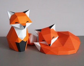 Petits renards en papier, modèle numérique PDF, statue de renard 3D, artisanat en papier Low Poly, origami 3D, sculpture en papier, modèle Kitsune, fête prénatale