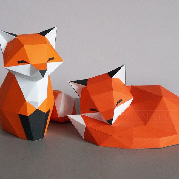Kleine Papercraft Füchse, digitale PDF Vorlage, 3D Fuchs Statue, Low Poly Papier Handwerk, 3D Origami, Papier Skulptur, Kitsune Modell, Baby Shower