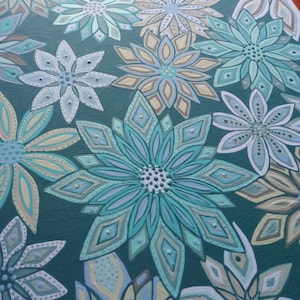 May include: Teal background with a repeating pattern of stylised flowers in shades of blue, green, white, and beige.