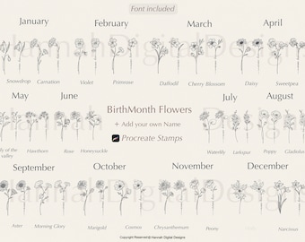 Birth Month Flower Procreate Stamps: Floral Brush Set (Commercial Use)