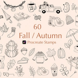 60 Autumn Procreate Stamps: Fall Leaves, Pumpkins (Brushset File)
