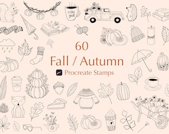 60 Autumn Procreate Stamps: Fall Leaves, Pumpkins (Brushset File)