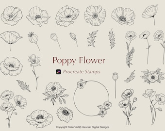 Carimbos de flores de papoula para Procreate: Conjunto de pincéis botânicos (download digital)