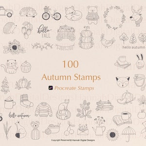 May include: A set of 100 black and white autumn themed illustrations for use as Procreate stamps. The illustrations include a variety of fall elements such as pumpkins, leaves, acorns, a fox, a cat, a bear, a bird, a gnome, a house, a truck, a bicycle, a pie, a cup of coffee, a pair of boots, a sunflower, a wreath, a hat, a scarf, a sweater, a book, a jar of honey, a candle, a watering can, and an umbrella.