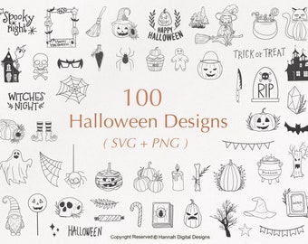 Pacote com 100 designs de Halloween SVG PNG: Bruxaria, Abóbora, Clipart Celestial