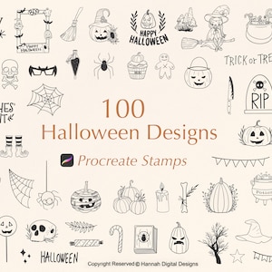 May include: A set of 100 black and white Halloween themed illustrations for Procreate. The illustrations include ghosts, pumpkins, witches, bats, spiders, skulls, and more. The text "100 Halloween Designs" and "Procreate Stamps" is included in the image.