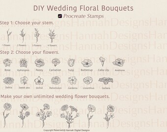 Buquê de flores de casamento - Carimbos Procreate: Design floral (carimbos digitais)