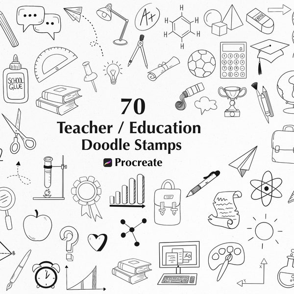 70 Leraar / Onderwijs Procreate Stempels | School Procreate Brushset | Digitale postzegels | De Zegels | van de leraar Wetenschapszegels | Commercieel gebruik Postzegels