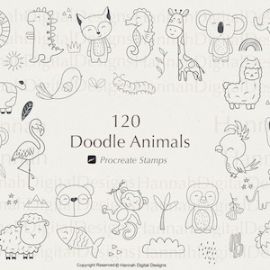 120 Procreate Doodle Animal Stamps , Procreate Animal Stamps , Procreate doodle brushes , Procreate brushes, Procreate stamps