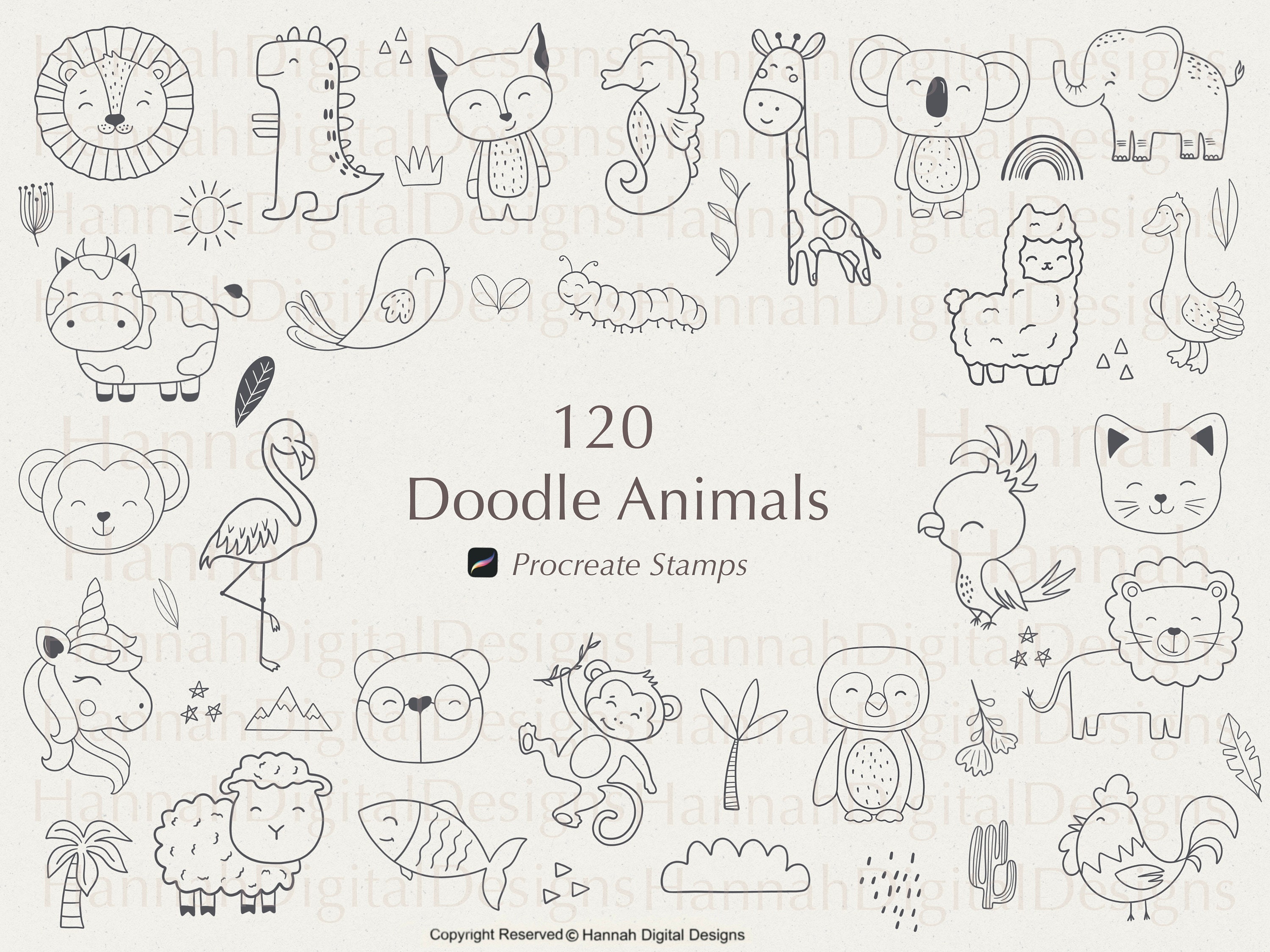 Cute Animals Doodle Stamps For Procreate - Design Cuts