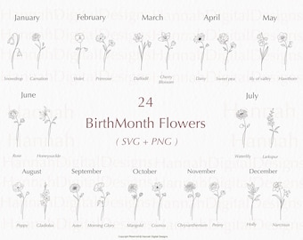 Birth Month Flower SVG Bundle: Floral Botanical Designs (SVG, PNG)