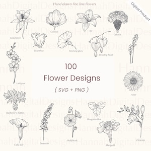 Pacchetto SVG con 100 disegni di fiori, pacchetto SVG floreale, PNG di fiori, SVG di fiori, Clipart di fiori, file SVG per Cricut