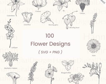 Pacote com 100 flores desenhadas à mão em SVG: clipart botânico, pronto para Cricut