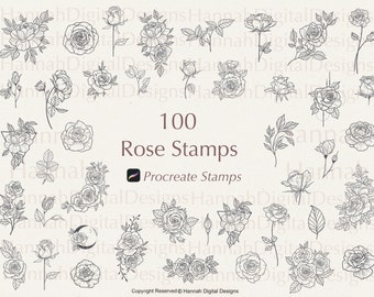 100 carimbos de tatuagem de rosas para Procreate: conjunto de pincéis florais (download digital)
