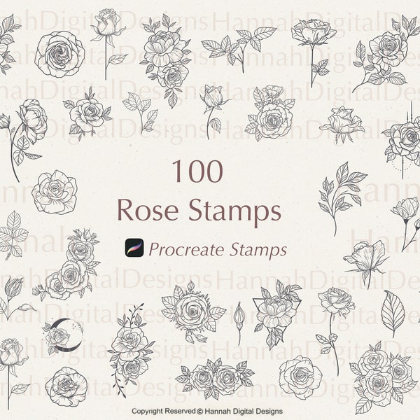 100 Rose Procreate Stamps | Rose Tattoo | Procreate Stamps | flower procreate| Procreate Rose Tattoo | Rose tattoo | Roses |Procreate floral