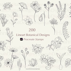 Puede incluir: Un conjunto de 200 diseños botánicos de líneas en blanco y negro para sellos de Procreate. Los diseños incluyen flores, hojas, ramas y otros elementos vegetales.