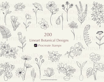 200 Line art Botanical Procreate Stamps, Floral Procreate Stamps, Procreate Flower Stamps, Procreate Line art Stamps, Procreate leaves