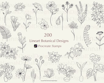 200 Line Art Botanical Procreate Stamps: Floral & Leaf Designs