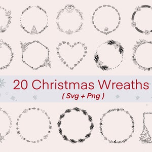 Puede incluir: Una colección de 20 coronas navideñas en varios diseños, incluyendo formas circulares, hexagonales y de corazón. Las coronas son dibujos lineales negros con elementos festivos como lazos, copos de nieve y árboles de Navidad. El texto dice "20 Christmas Wreaths (Svg + Png)".