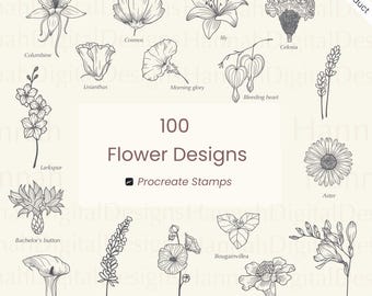100 carimbos de flores desenhados à mão: pincéis botânicos Procreate (download digital)