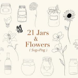 Op de afbeelding: Een set van 21 zwart-witte lijntekeningen van potten en bloemen. De potten zijn in verschillende vormen en maten, sommige met deksels en sommige zonder. De bloemen zijn ook in verschillende vormen en maten, waaronder lelies, zonnebloemen en madeliefjes.