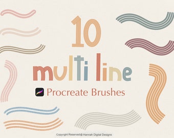 May include: Ten multi-line Procreate brushes in various colors, including pink, brown, blue, and beige. The brushes are designed to create wavy lines.