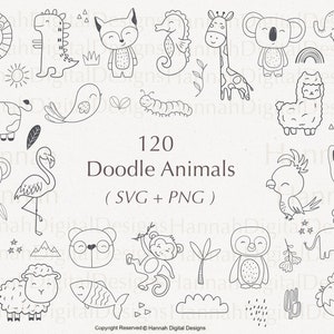 120 Doodle Animal Svg Bundle , Paquete lindo animal svg, archivos svg para cricut, perro svg, gato svg, unicornio svg, mono svg, dinosaurio svg, león svg