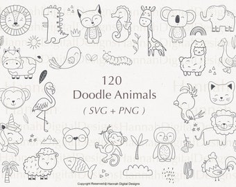 120 Doodle Animal SVG Bundle, Farm & Safari (SVG/PNG)