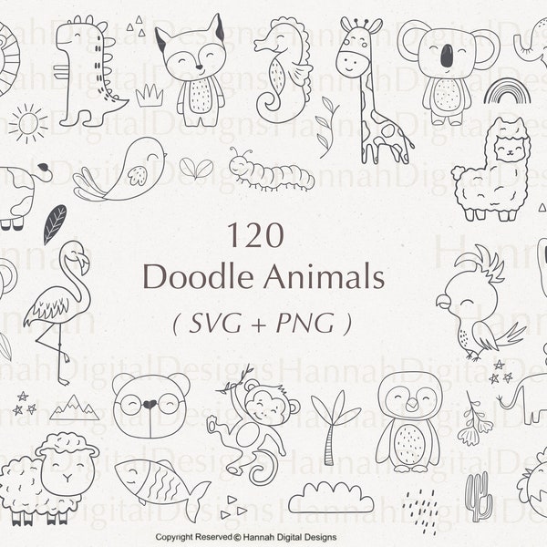 120 Doodle Animal Svg Bundle , Cute Animal svg bundle, svg files for cricut, dog svg, cat svg, unicorn svg,monkey svg ,dinosaur svg,lion svg
