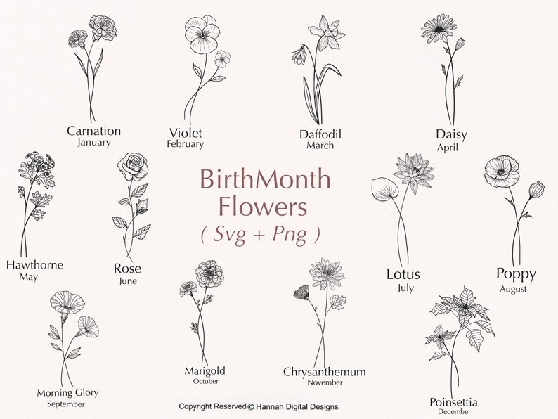 BirthMonth Flower SVG | Flower Svg | Birth Flowers Svg | Floral Svg Bundle | Rose Svg | Poppy Svg | Marigold Svg | Lotus Svg | Daisy Svg 