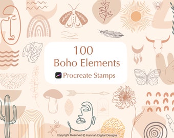 May include: A digital illustration of 100 boho elements for Procreate stamps. The image features a variety of designs, including rainbows, moons, butterflies, feathers, and more. The designs are in a neutral color palette of beige, brown, and white.