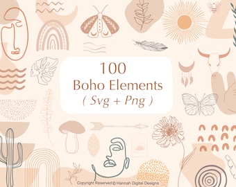 Boho SVG Bundle: 100 Art Elements for Cricut (SVG, PNG)