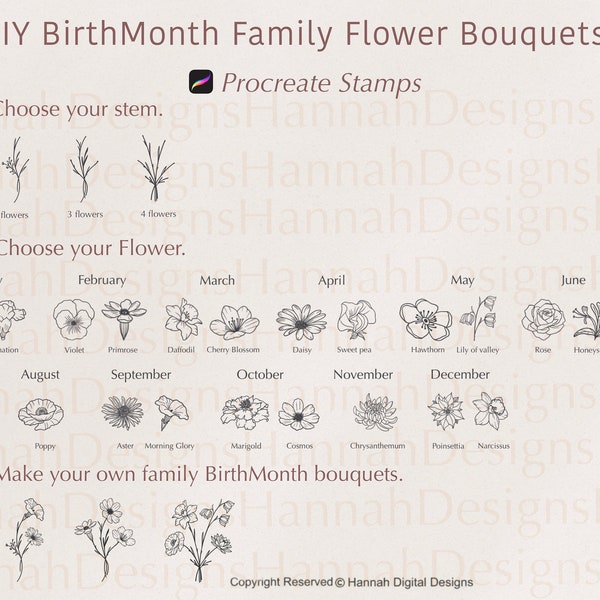 Timbres de fleurs birthmonth | Timbres de fleurs procréés | Procréer Mois de naissance Fleur | Brosses procréées | Timbres floraux | Timbre à usage commercial