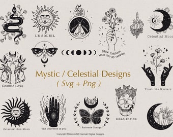 May include: A set of 12 black and white illustrations featuring celestial and mystical designs. The designs include a crescent moon, a sun, a butterfly, a skull, a hand with stars, a snake, and more. The text "Mystic / Celestial Designs (Svg + Png)" is included in the image.